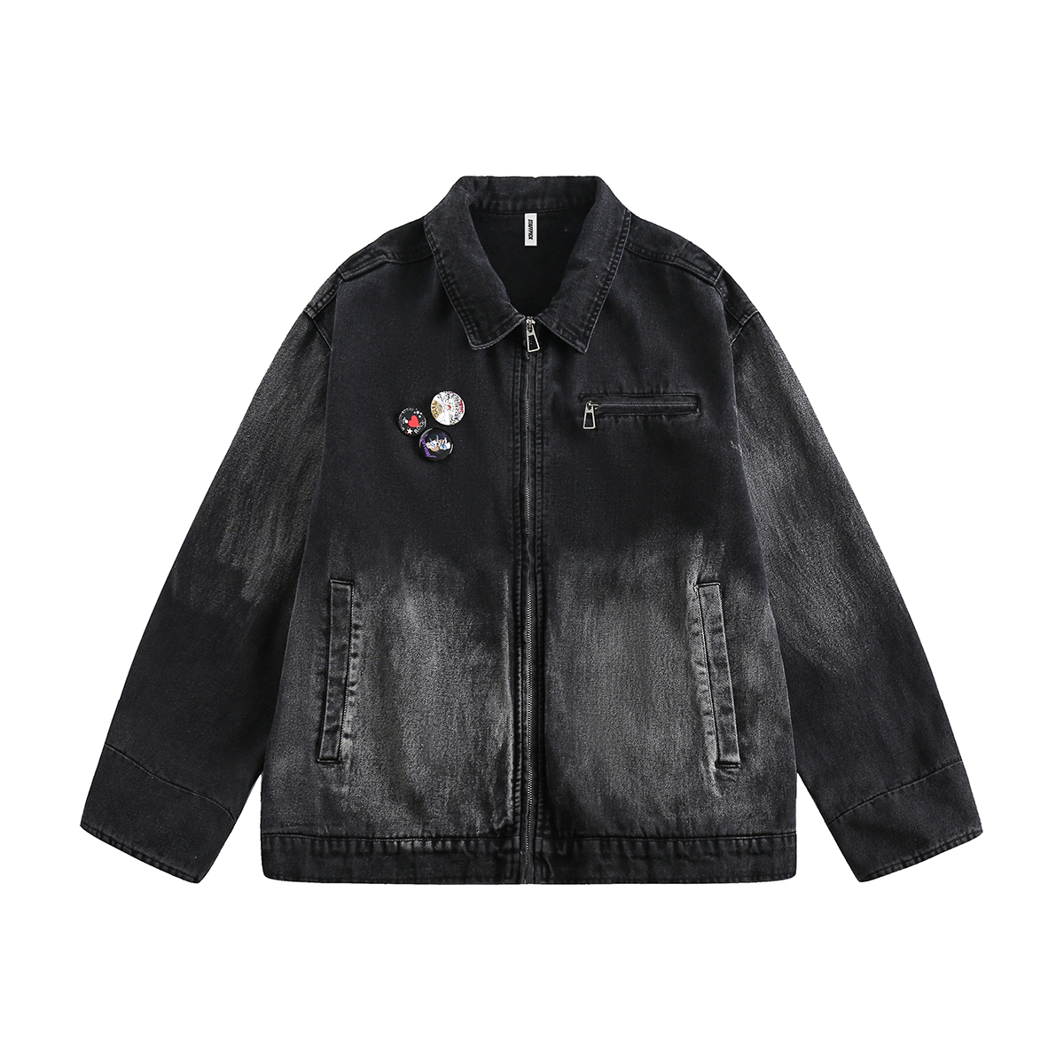 　Men's 14.6 OZ Punk Oversized Zip‑up Pin‑badge Monkey Wash Faded Black Denim Jackets