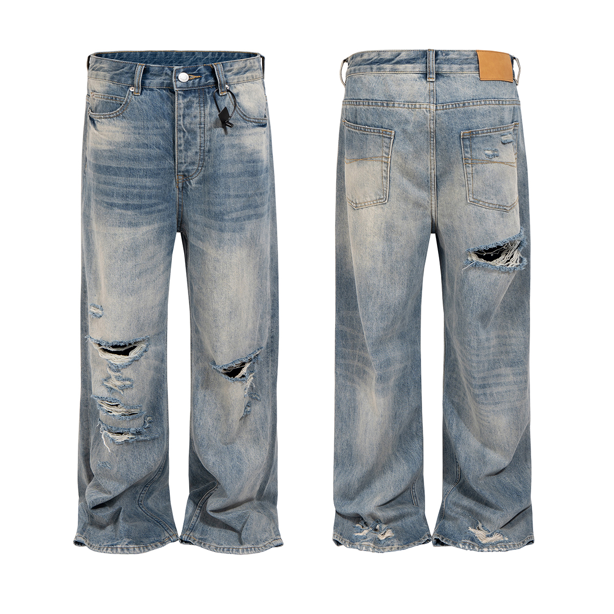 Men's 14.6 OZ Grunge 90s Vintage 100% Cotton Baggy Loose Straight Ripped Jeans