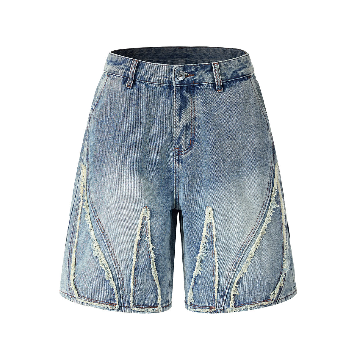 Men's 12.6 oz Raw Edge Fringe Patchwork Deconstructed Distressed Baggy Bermuda Denim Shorts
