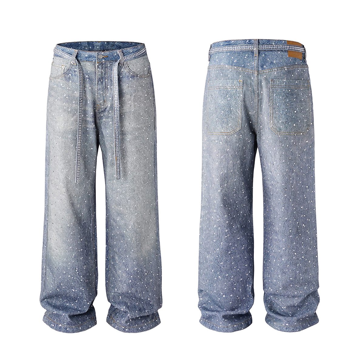 Men's 14.5 OZ 100% 3D Digital Printing Rhinestone Loose Straight Jeans