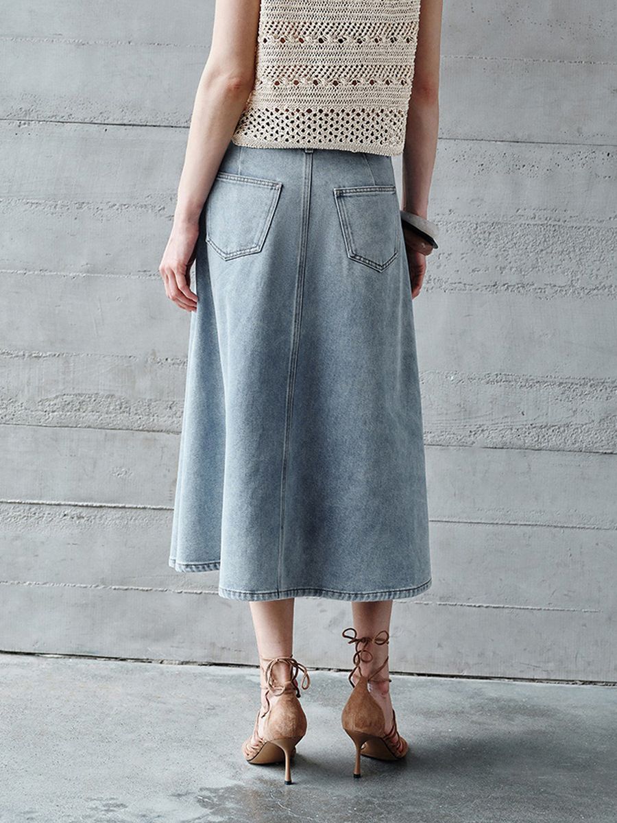 Women's 12.8 OZ High Rise Minimalist A‑line Midi Denim Skirts