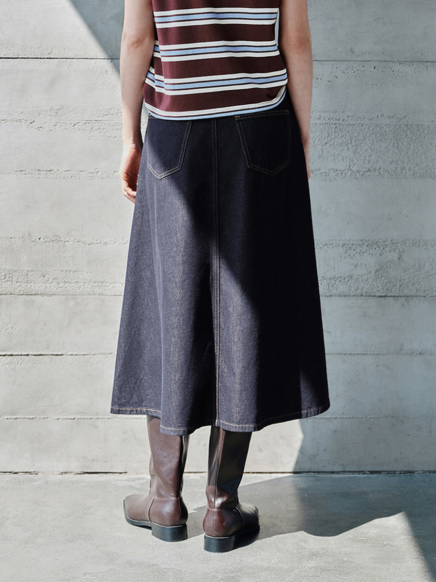Women's 12.8 OZ High Rise Minimalist A‑line Midi Denim Skirts